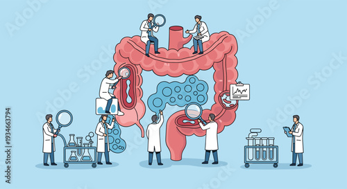 Eight tiny scientists in lab coats examine a large human intestine with magnifying glasses and various lab equipment.