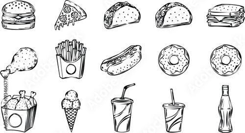 Vector Fast Food Icons: Hamburger Pizza Slice Tacos Fries Hot Dog Donuts Drinks