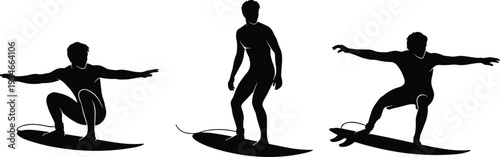 Athletic Male Surfer Silhouettes Riding Ocean Waves Isolated on White Background for Summer Vacation Water Sports and Extreme Surfing Lifestyle