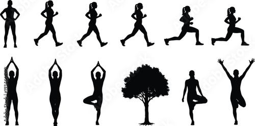 Collection of Female Silhouettes Practicing Yoga Poses and Running Exercises Near a Tree Isolated on White Background for Wellness Designs