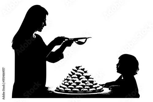 Mother and Child Dusting Kahk with Sugar Silhouette Vector for Eid Baking and Family Tradition Illustration