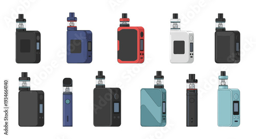 A collection of ten distinct electronic vaporizers, including various box mods and pod systems, are neatly arranged in two rows on a plain light background.
