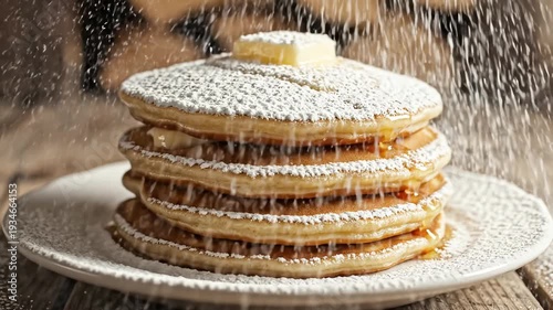 Stack of pancakes with powdered sugar and butter closeup