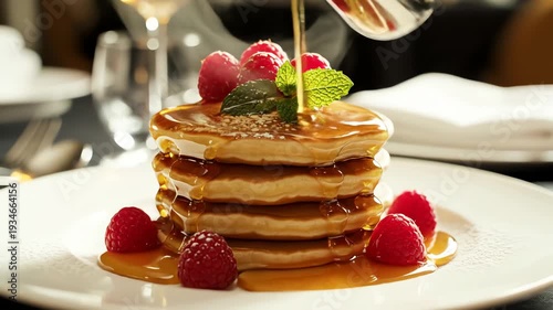 Stack of pancakes with raspberries and syrup on a white plate