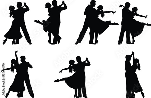 Elegant Ballroom Dance Silhouettes of Couples Performing Waltz Salsa and Tango Moves Isolated on White Background for Romantic Event Design Projects