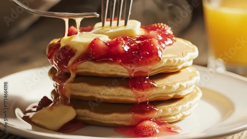 Stack of pancakes with strawberries and butter on plate close up