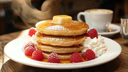 Stack of pancakes with syrup and berries on white plate