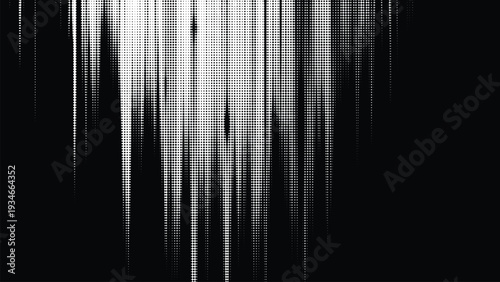 Abstract vertical streaks of halftone dots fading into black, dramatic light and shadow effect, monochrome grunge texture