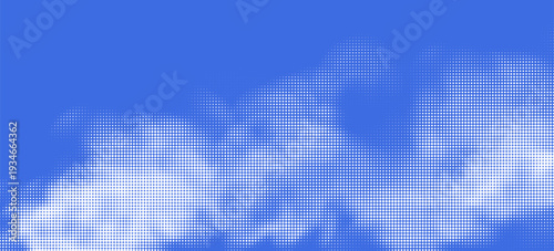 Halftone sky vector background with polka dot vintage clouds on old paper texture. Blue abstract retro sky pattern with  halftone effect.