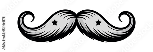 Stylized black and white handlebar mustache graphic features small stars on each sweeping.