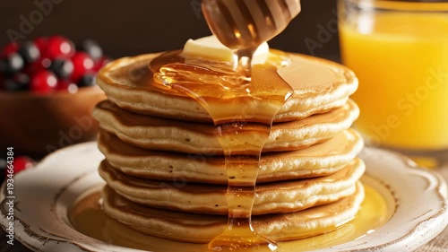 Stack of pancakes with syrup and butter with orange juice close up