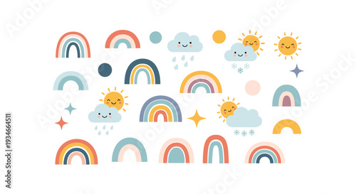 A charming collection of twenty-three cartoon-style weather elements, including rainbows, smiling suns, and fluffy clouds, is playfully scattered across a light background.