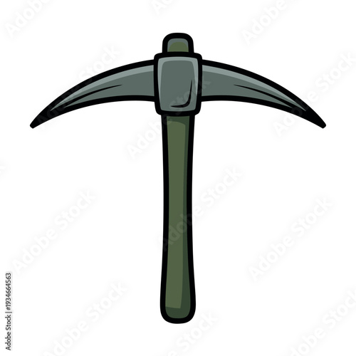Heavy-duty mining pickaxe tool with a dark metal head and a sturdy wooden handle.