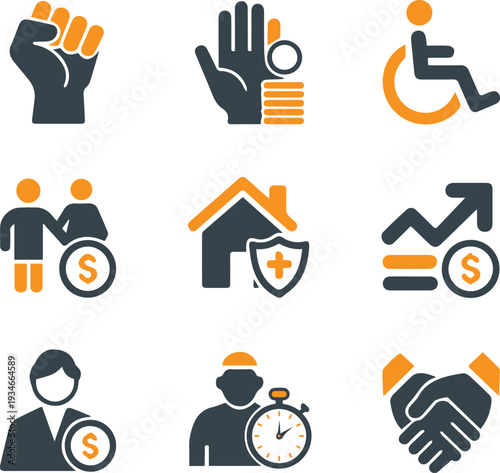 Social welfare and business insurance icon set with home protection, disability, finance, and unity symbols.