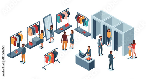 An isometric illustration shows a busy clothing store interior with customers browsing racks, using fitting rooms, and interacting with staff.