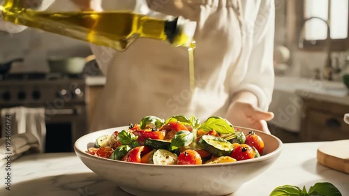 Vegetable salad preparation close up of pouring oil into a fresh dish