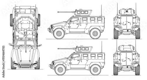 Military Ten Wheel Cargo Truck AutoCAD Blueprint Vector – Multi View Tactical Technical Drawing