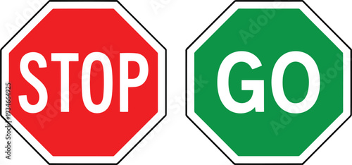Contrasting stop and go signals depicted in octagonal shapes with red and green backgrounds. Vector