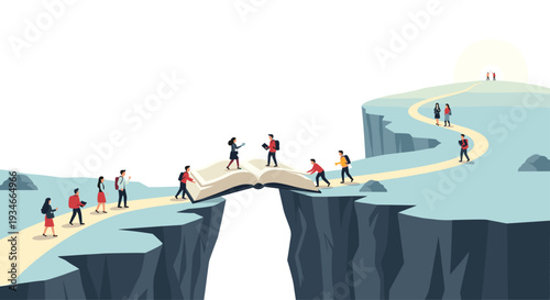 A stylized illustration features diverse figures walking across an open book bridge and along a winding path leading up a mountain.