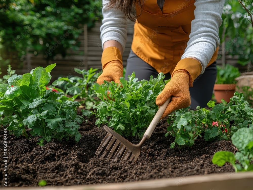 Fototapeta premium Focused woman gardening with hand rake in sunny garden