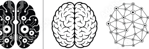 Artificial intelligence brain icons set, digital circuit mind vector illustration, neural network technology symbols, cognitive computing and machine learning concepts.