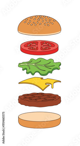 A deconstructed hamburger with its individual components, including buns, tomato, lettuce, cheese, and a patty, floating separately on a white background.