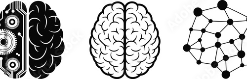 Artificial intelligence brain icons set, digital circuit mind vector illustration, neural network technology symbols, cognitive computing and machine learning concepts.