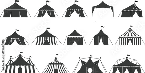 Circus tent silhouettes set, carnival marquee icons collection, festival event fairground canopy, striped big top vector, outdoor entertainment party pavilion.