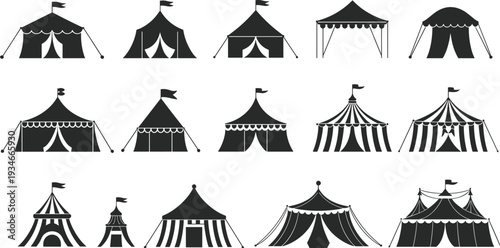 Circus tent silhouettes set, carnival marquee icons collection, festival event fairground canopy, striped big top vector, outdoor entertainment party pavilion.