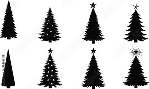 Black Christmas tree silhouettes set, evergreen pine fir icons with stars, winter forest holiday celebration collection, isolated vector sticker set