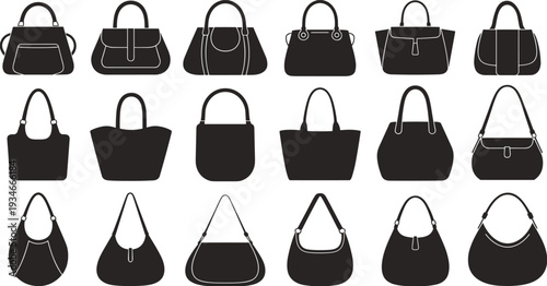 Collection of black women handbag silhouettes icons set, fashion bags vector illustration, isolated purse signs, female accessories, stylish lady handbags.