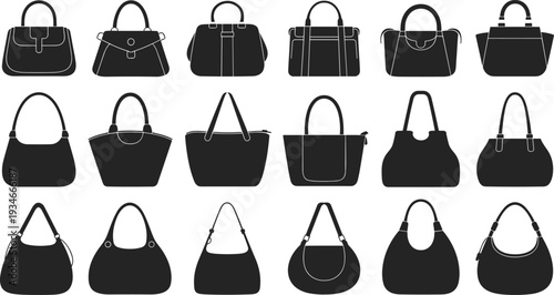 Collection of black women handbag silhouettes icons set, fashion bags vector illustration, isolated purse signs, female accessories, stylish lady handbags.