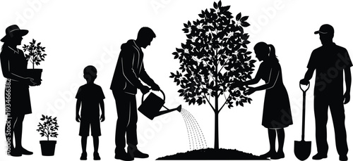 Black Silhouette of People Planting a Tree, Family Gardening Together, Environmental Sustainability, Community Volunteer Activity, Nature Conservation and Green Growth Concept