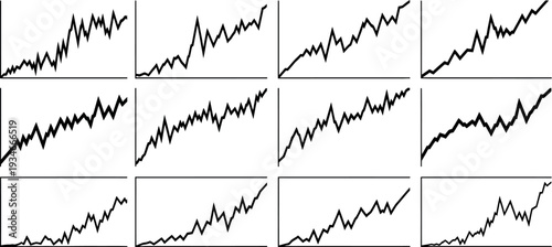 Collection of nine black line graphs on a white background showcasing various trends and patterns