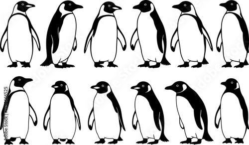 A group of penguin silhouette illustrations standing in two rows