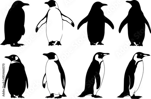 Collection of penguin silhouettes in various poses and orientations showcasing silhouette