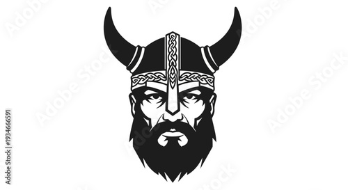 Viking warrior illustration with horned helmet and beard.