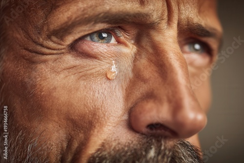 Senior man with a tear forming on his face, showing deep emotion and pain
