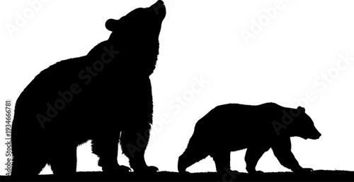 Silhouette of a howling wolf and a walking bear cub against a white background