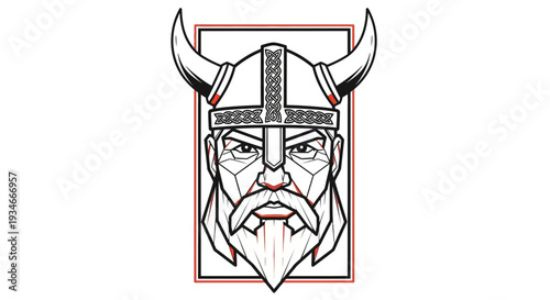 Viking warrior illustration with horned helmet and beard.