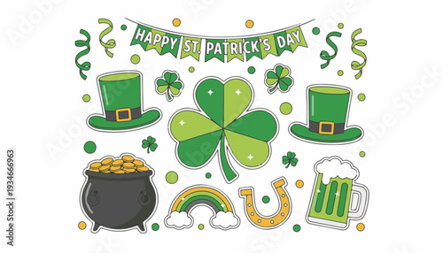 Hand-Drawn Patrick's Day Party Decoration Flat Lay With Green Clover Hat And Gold Coin Elements For Festive Spring Marketing