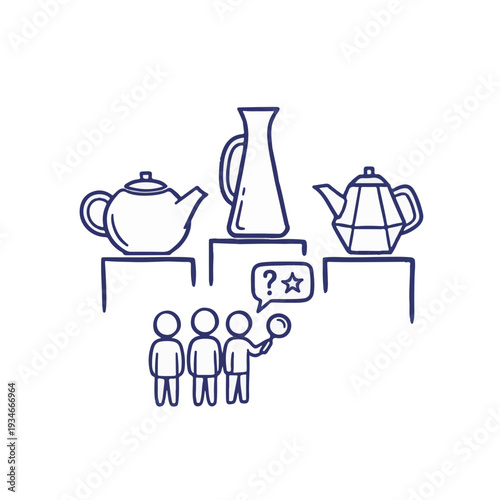Outlined Teapot Group Judging Teacups On Podium Displaying Social Criticism And Hierarchy Concept For High-End Art Gallery Branding