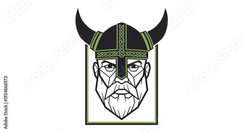 Viking warrior helmeted head illustration with green accents.