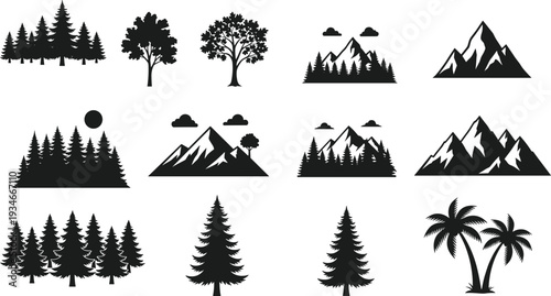 Black Silhouette Set of Mountain Landscapes, Forest Pine Trees, Palm Trees, and Nature Elements for Outdoor Adventure, Camping, and Wilderness Design