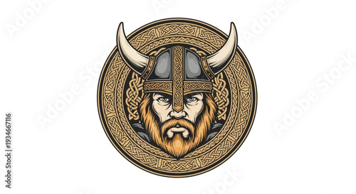 Viking warrior emblem with horned helmet and beard.