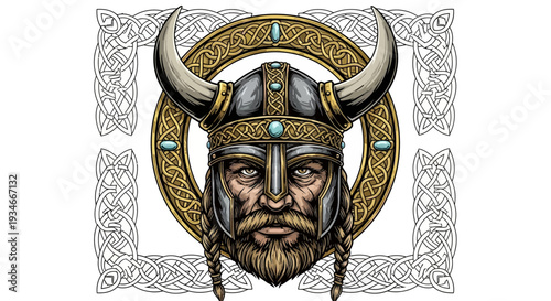 Viking warrior illustration with intricate Celtic knotwork design.