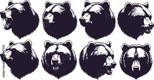 Eight black bear silhouettes arranged in two rows on a white background showcasing various head positions and angles silhouette