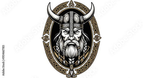 Viking warrior emblem with horned helmet and beard.