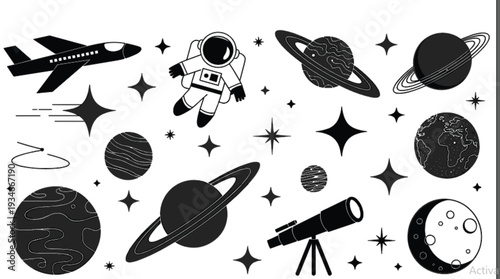 Space exploration vector collection featuring astronaut character planets with rings telescope stars rocket ship and moon phases isolated on white