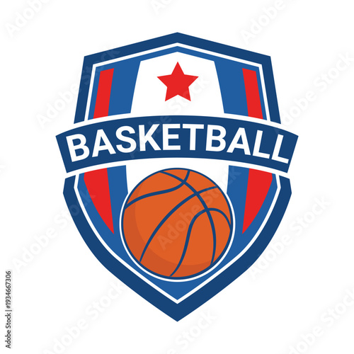 Basketball Sport Logo Design with Shield and Red Star Emblem